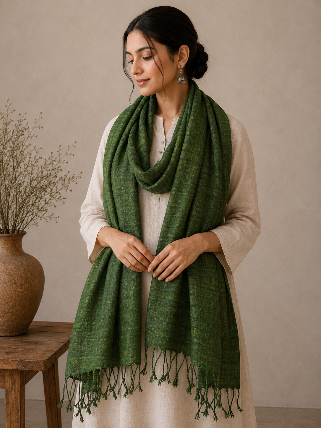 Pure Eri silk and organically dyed | Olive Green stole