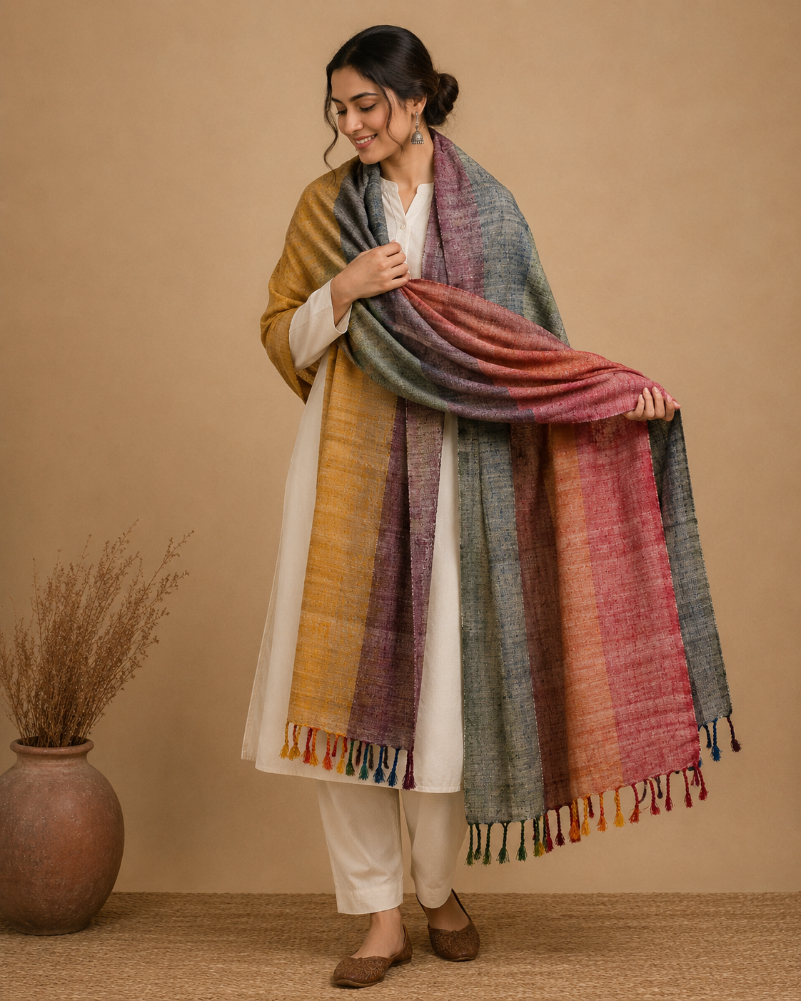 Natural Multicolour Pure Eri Silk Stole - Handwoven in Assam
