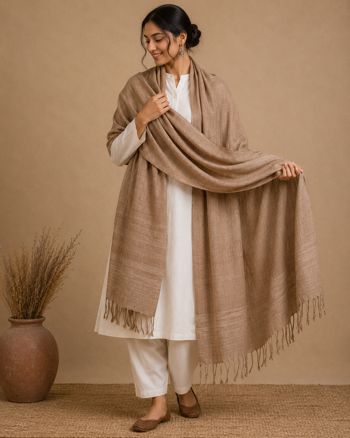 Handwoven Assam Wild Noni Silk (Mulberry) Natural Brown Stole